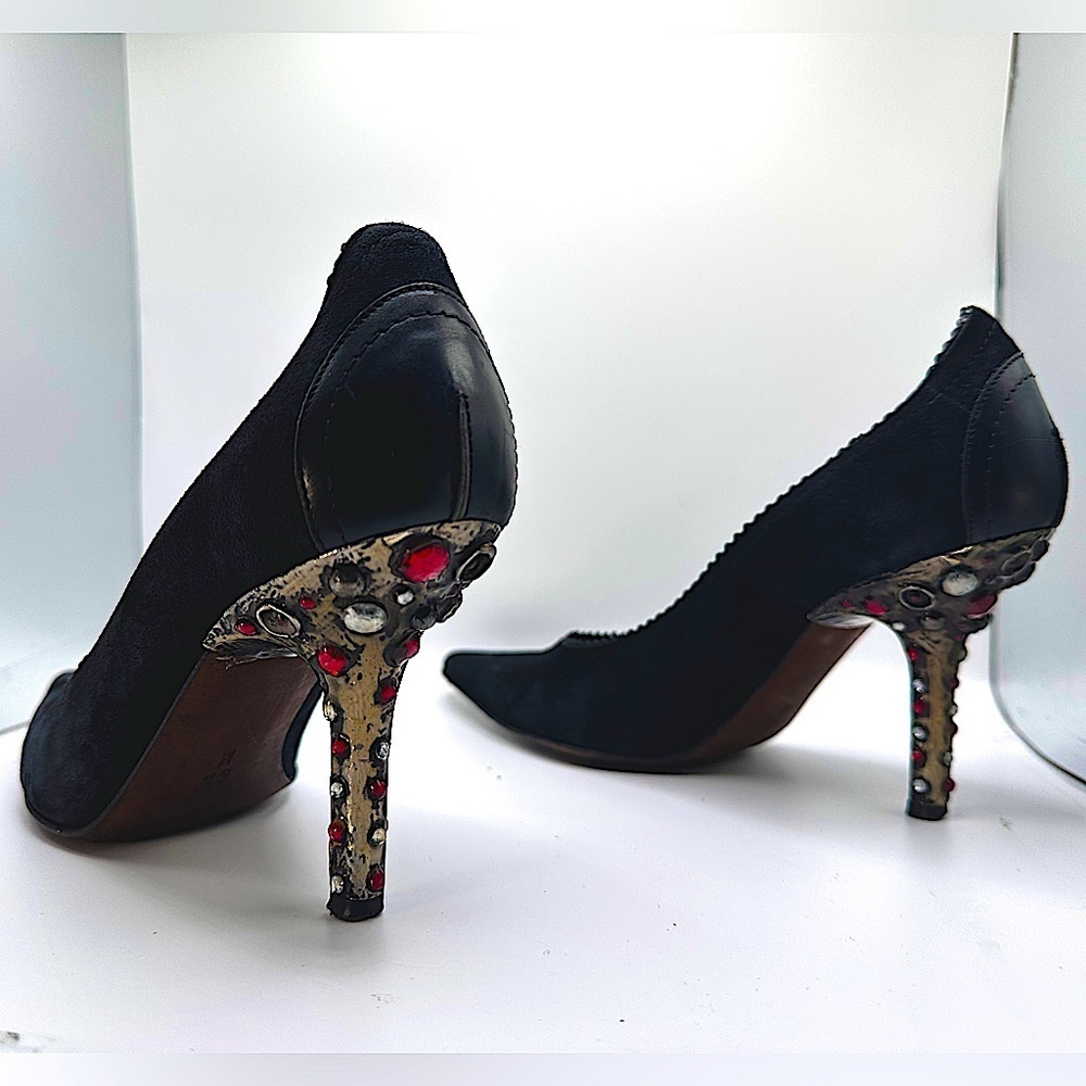 Vintage Donald J Pliner Black Suede Featuring Unique Studded/Jeweled Heel Sz 6.5 - Picture 4 of 15